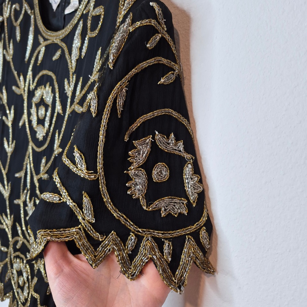 Vintage Beaded Silk Laurence Kazar Evening Top Gold Glam Maximalist Costume Sz L - Picture 4 of 12